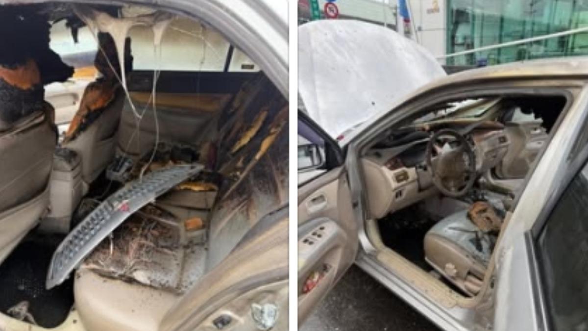 車輛內部嚴重燒熔,音響和螢幕都已焦黑,整體面目全非。(圖/當事人提供)