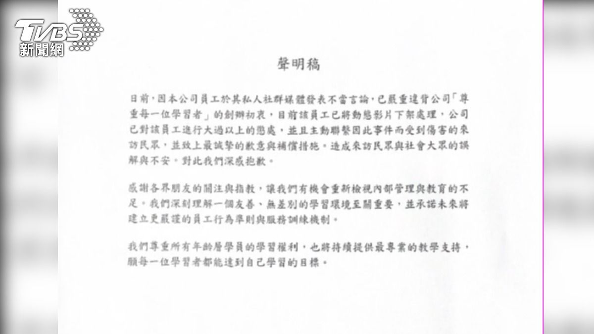 針對員工私人行為,業者再度發聲名,強調請員工下架影片之外,也將給予大過以上的處分。(圖/業者提供)