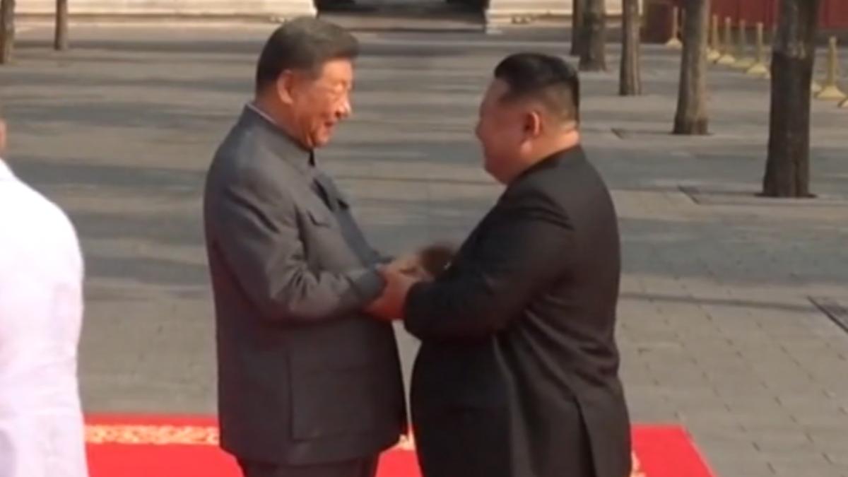 習迎來賓,與金正恩握手5秒,明顯比其他領袖時間更長。(圖/CCTV+)