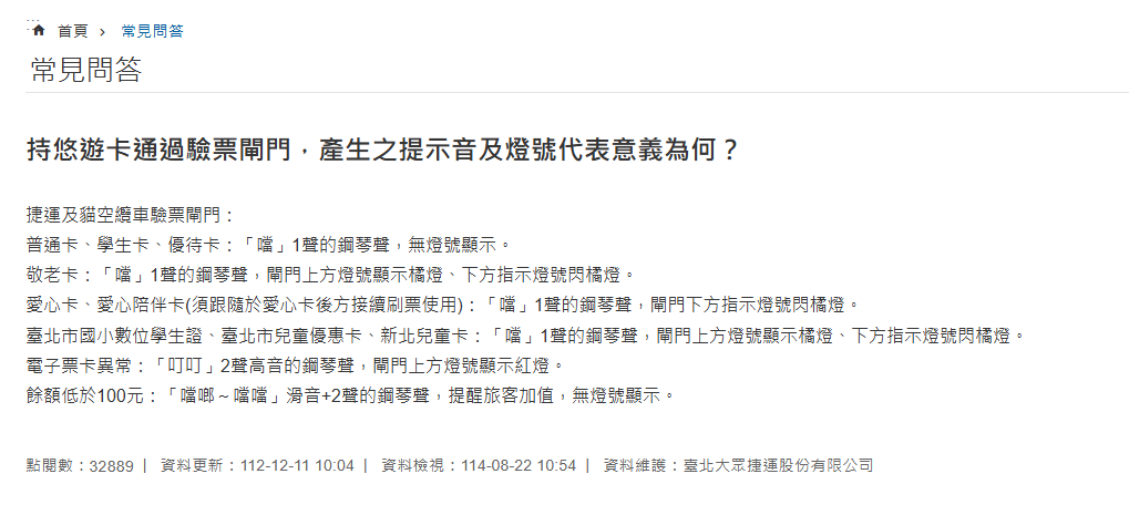 北捷官網解釋各種提示聲、燈號的意義。(圖/翻攝自台北捷運官網)