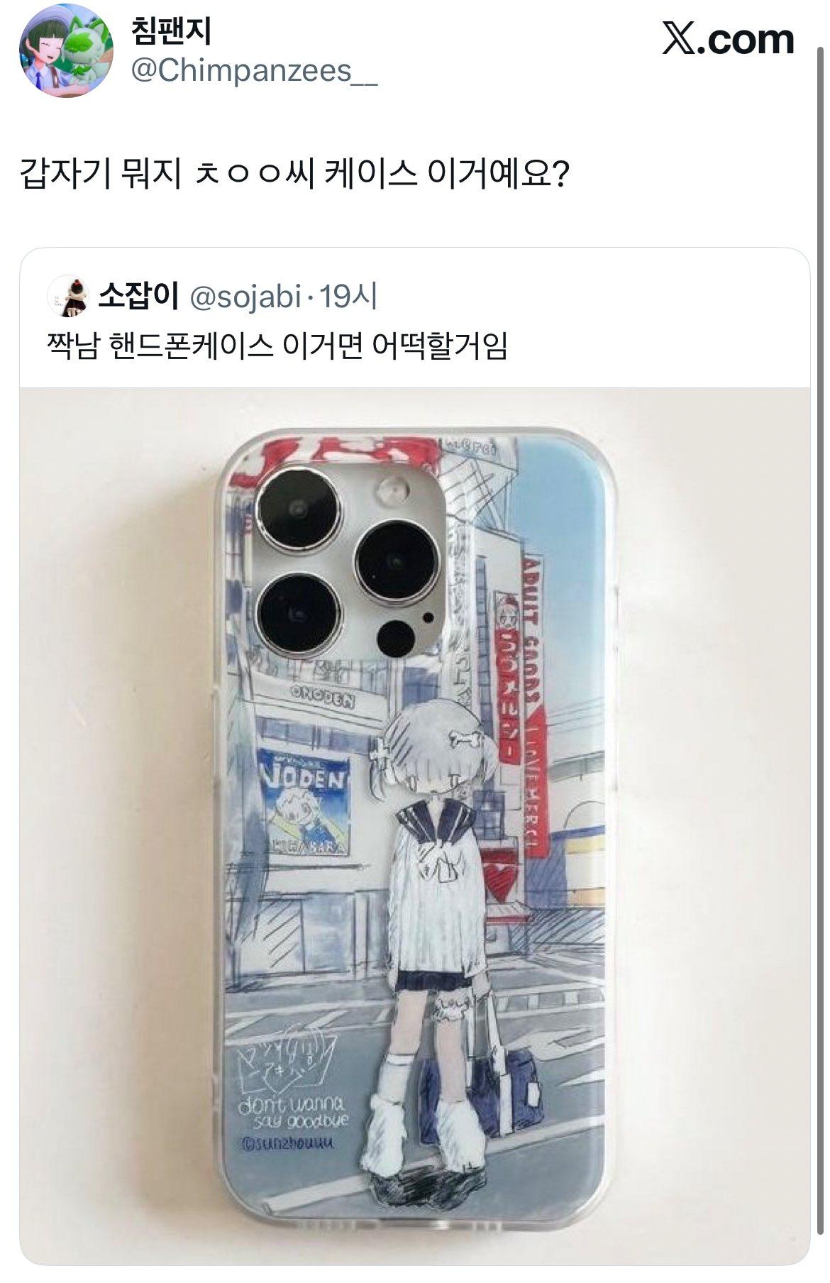 秋泳愚手機殼上畫有女高中生站在情趣用品店前。(圖/翻攝自推特)