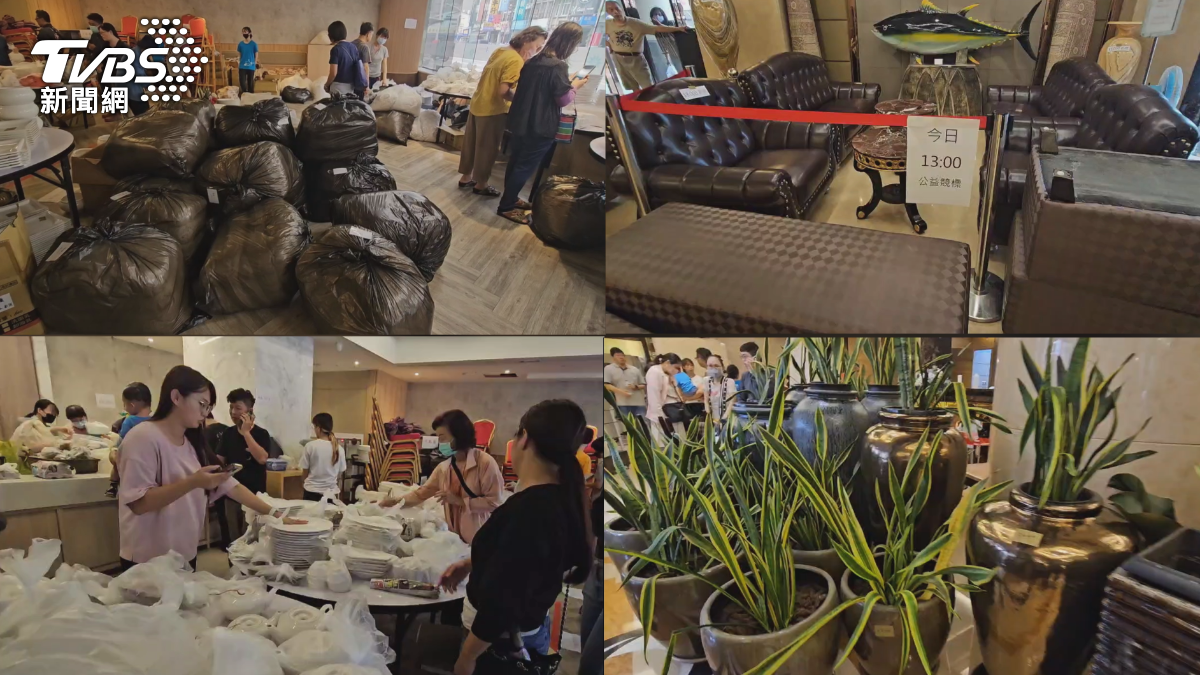 屏東鮪魚飯店9月封館出清大拍賣！大廳堆滿各種桌椅家具，全都是準備出清拍賣的。（圖／TVBS）