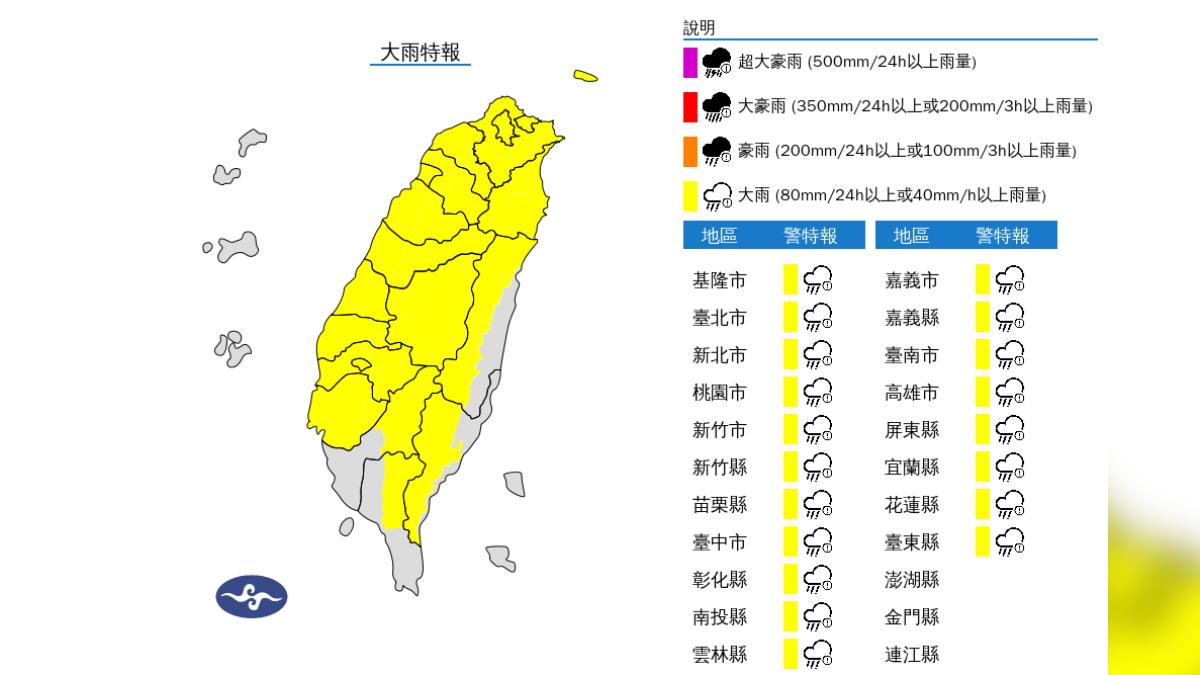 天氣/雨勢升級!19縣市豪大雨 北市文山測得最大時雨量
