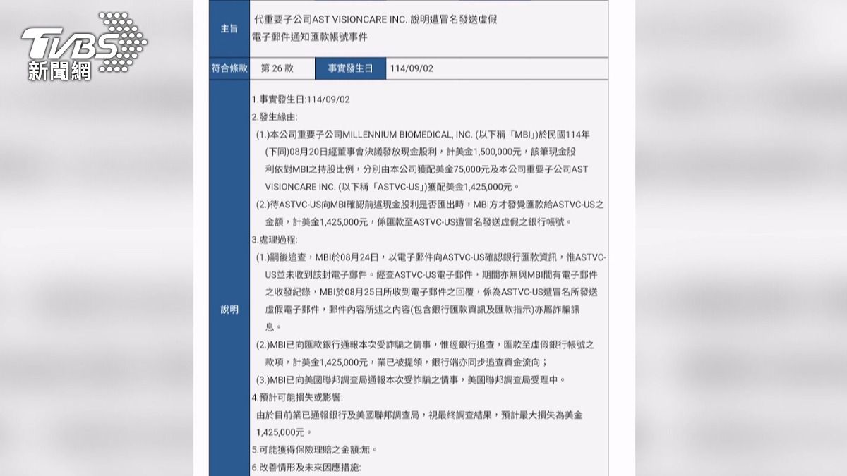 奈米醫材美國子公司遭冒名詐騙。（圖／翻攝公開資訊觀測站）