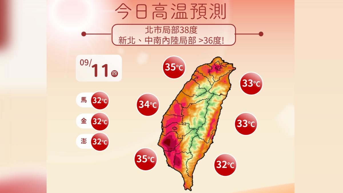 今日高溫預測。(圖/中央氣象署)