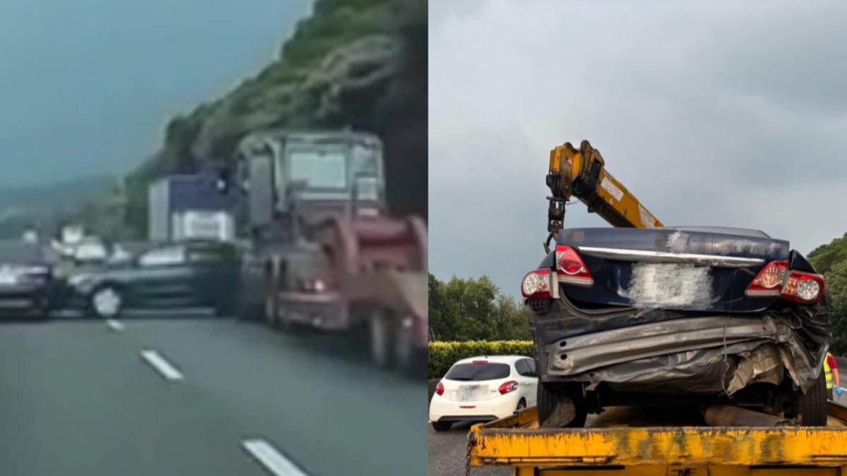 聯結車突然變換車道，造成3車連環撞。（圖／左圖翻攝自 爆料公社、右圖 TVBS）
