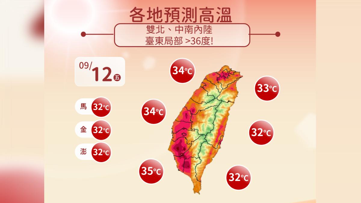 各地高溫預測。（圖／中央氣象署）