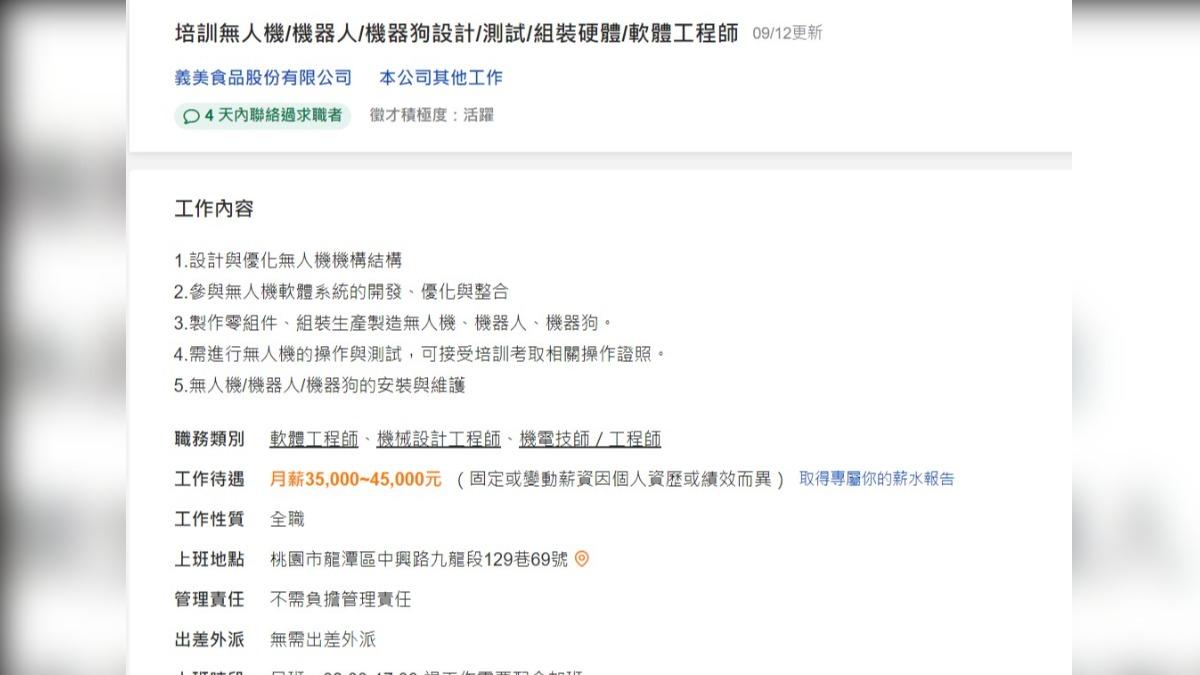 義美培訓工程師,開出月薪3萬5到4萬5待遇,引發網路熱議。(圖/翻攝104人力銀行)