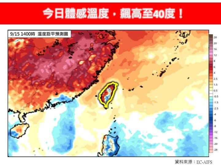 今日體感溫度，飆高至40度。（圖／翻攝自臉書粉專「林老師氣象站」）