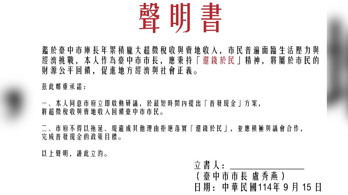王立任在質詢時,要求盧秀燕簽下聲明書。(圖/民進黨台中市議員王立任提供)