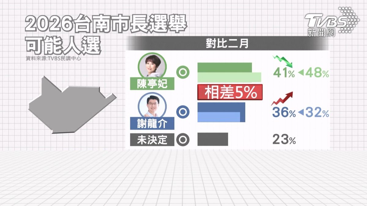 TVBS民調!台南市長競爭激烈 陳亭妃小贏謝龍介5%(圖/TVBS)