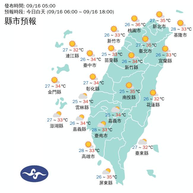 今日持續受到太平洋高壓影響,全台各地普遍高溫炎熱。(圖/翻攝自氣象署)