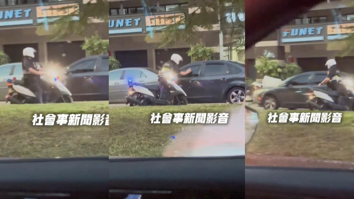 員警騎車想要攔停前方汽車,員警掏出警棍插進輪胎鋼圈,但最後他還是踩油門落跑了(圖/翻攝社會事影音)