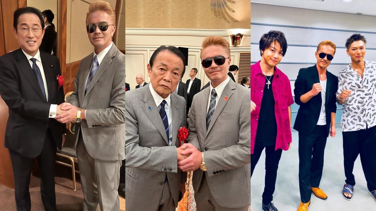 RYO模仿ATSUSHI到還跟岸田文雄(左起)、麻生太郎、EXILE二代目成員TAKAHIRO、SHOKICHI合照。(圖/翻攝自推特)