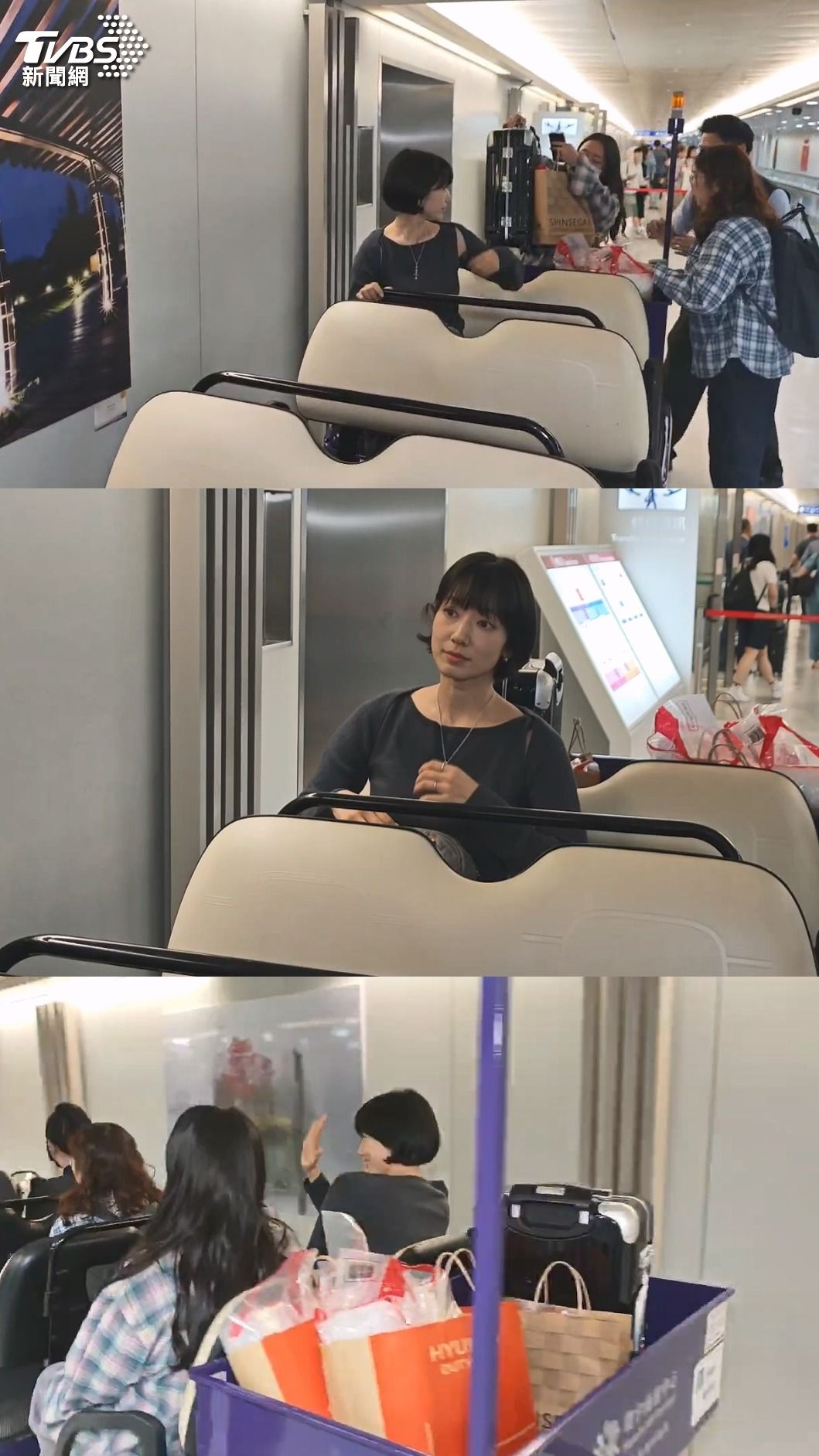抵達桃園機場後朴信惠跟媒體親切活動,經紀人還搬了三大袋免稅品。(圖/TVBS)