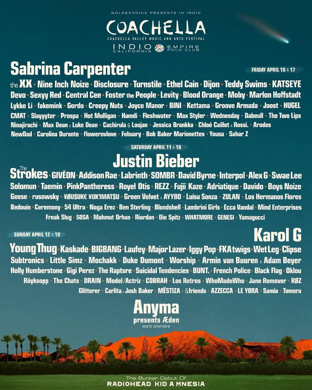 2026年美國Coachella音樂節演出陣容。(圖/翻攝自Coachella 粉絲專頁)