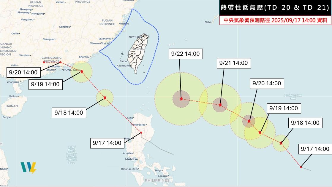 吳聖宇分析,明天可能出現雙颱共存的情況,且TD21可能對台灣造成影響。(圖/翻攝自「台灣颱風論壇|天氣特急」臉書)