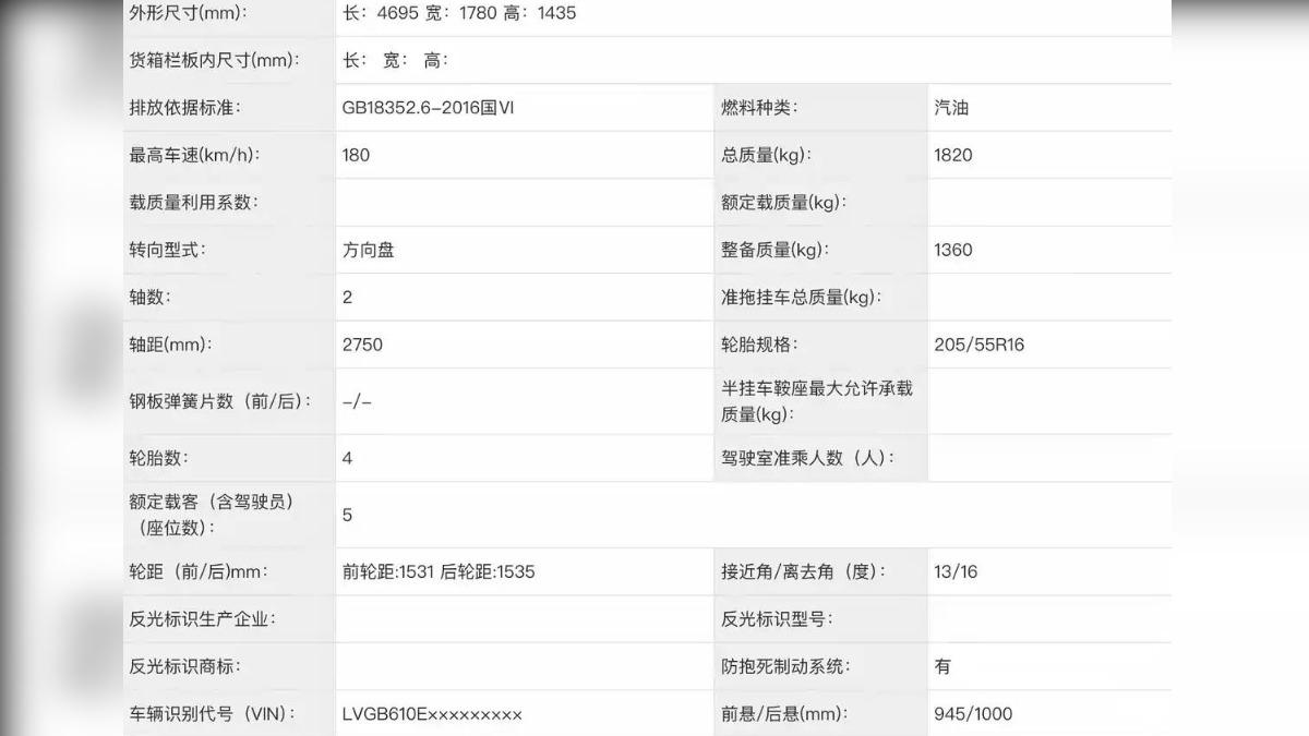 新款Levin的車身尺碼,長x寬x高4,695×1,780×1,435mm,軸距2,750mm。(圖/工信部提供)