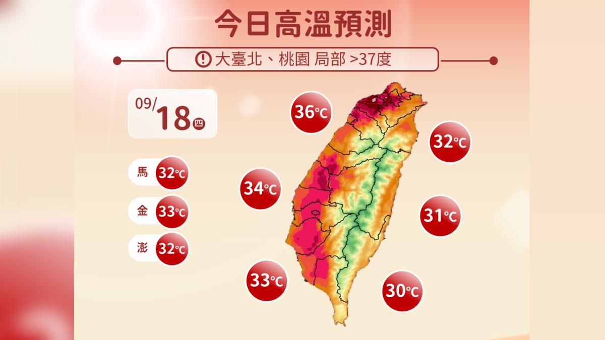 今日高溫預測。(圖/中央氣象署)