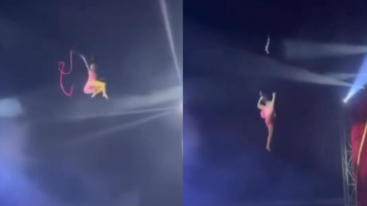 有片/「長髮吊鋼索」突鬆脫!女特技演員高空墜落 觀眾全嚇傻
