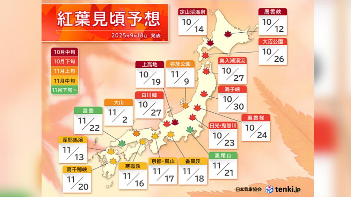 日本氣象協會公布第一波楓紅預測。(圖/翻攝自日本氣象協會)