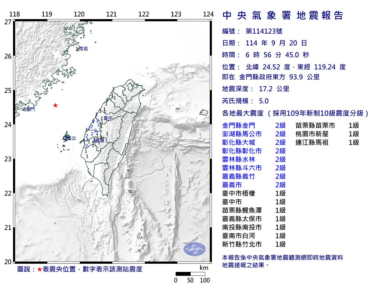 金門今發生規模5.0地震。（圖／翻攝自報地震 - 中央氣象署）