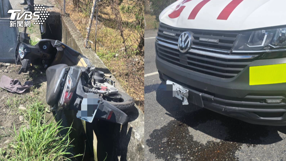 這起事故導致機車騎士被撞飛至一旁水溝,其愛車也卡進水溝裡。所幸救護車上的病患並未受到影響。(圖/TVBS)