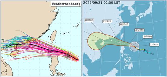 歐洲(ECMWF)系集模式(左)20日20時模擬「樺加沙」的動向,與氣象署21日2時路徑預測圖(右)相似。(圖/翻攝自洩天機教室)