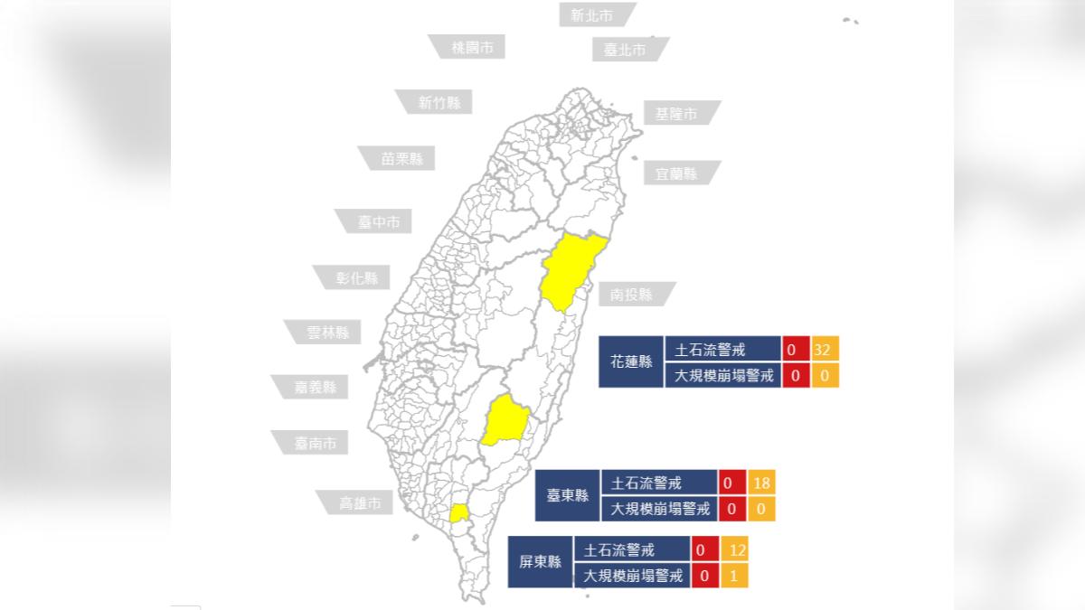 天氣/樺加沙挾暴雨 花東、屏東62條溪流「土石流黃色警戒」