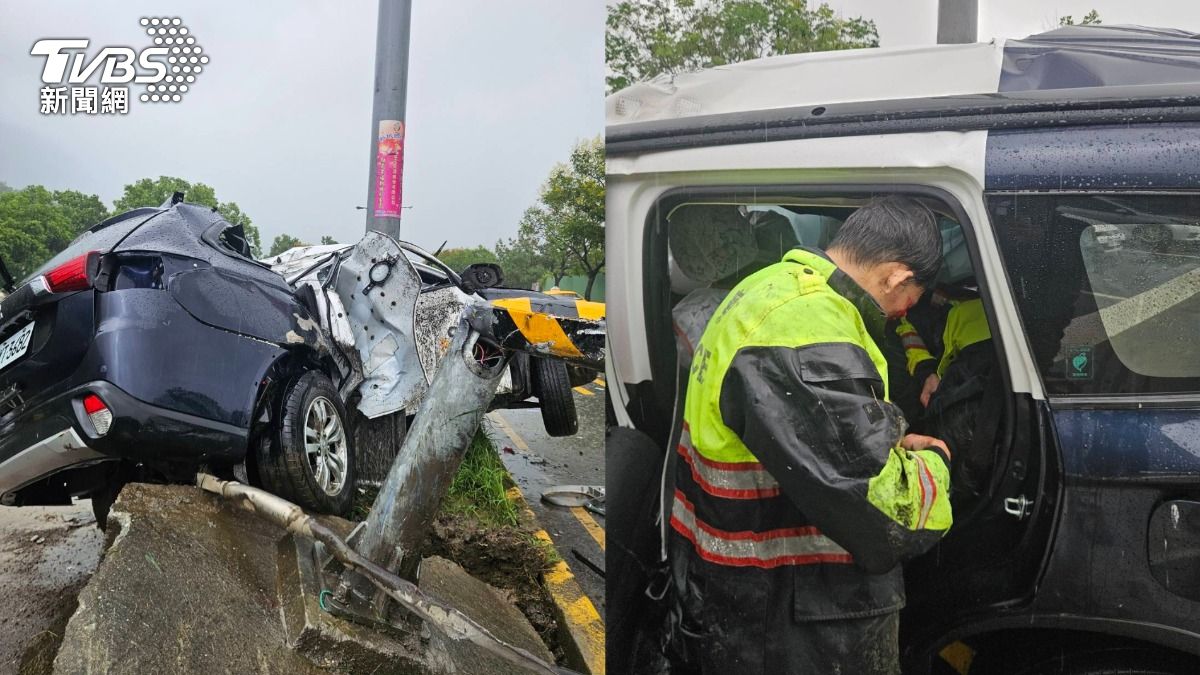 花蓮新城警車自撞分隔島，車體嚴重變形。（圖／TVBS）