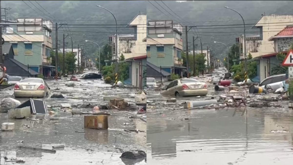 轎車直接漂浮在淹沒的道路上。(圖/民眾提供)