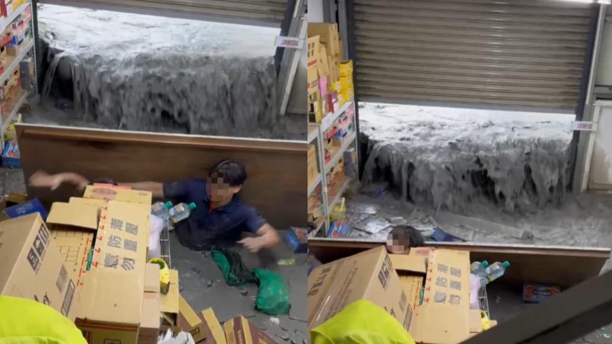 大量泥水淹進全聯超市，現場員工嘗試用木板阻擋泥水，爭取時間讓人員撤離。（圖／民眾提供）