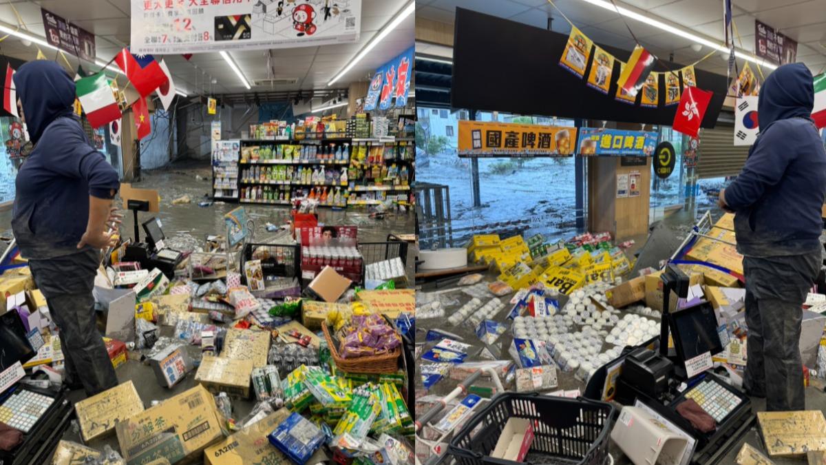 現場許多貨架被沖倒,商品四散。(圖/民眾提供)