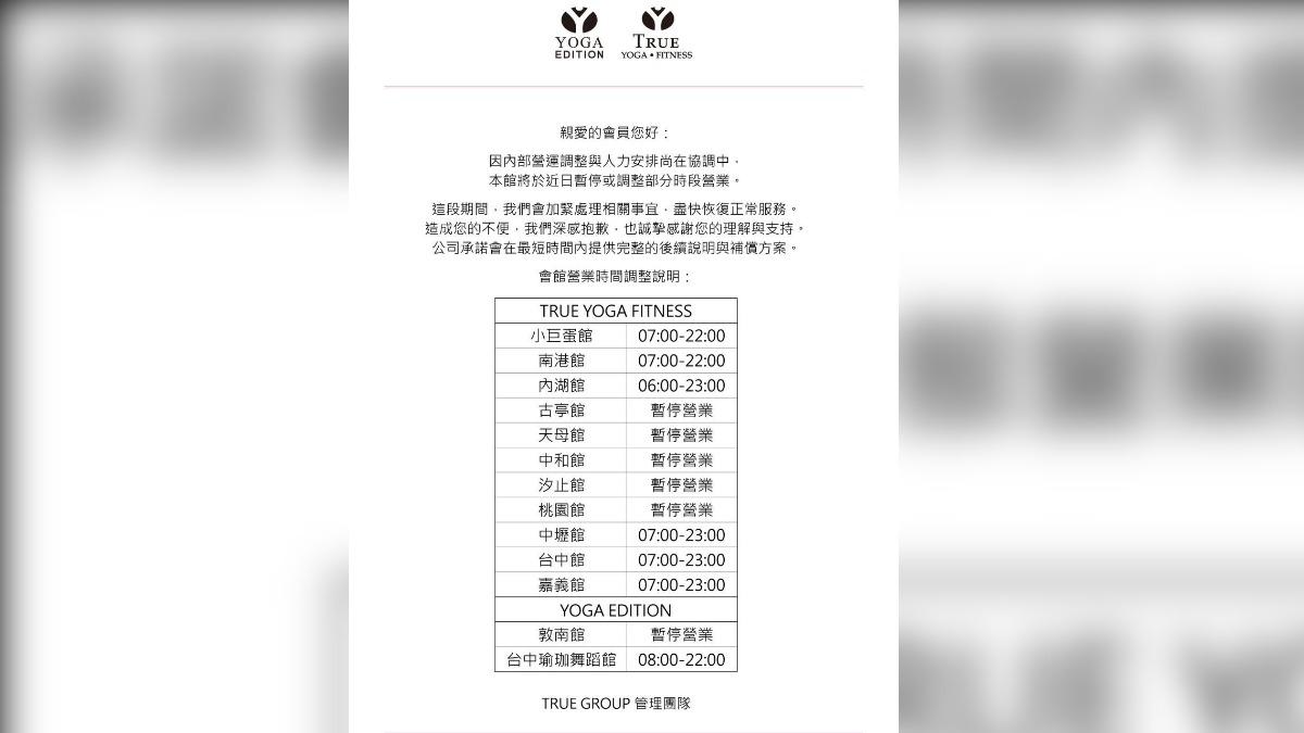 TRUE YOGA FITNESS全真瑜珈健身在臉書公告六分店歇業。（圖／翻攝自TRUE YOGA FITNESS全真瑜珈健身臉書）