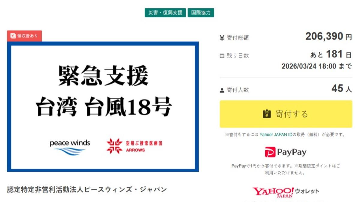 日本非營利組織為台灣颱風災情發起募資。（圖／翻攝自Yahoo.JP）