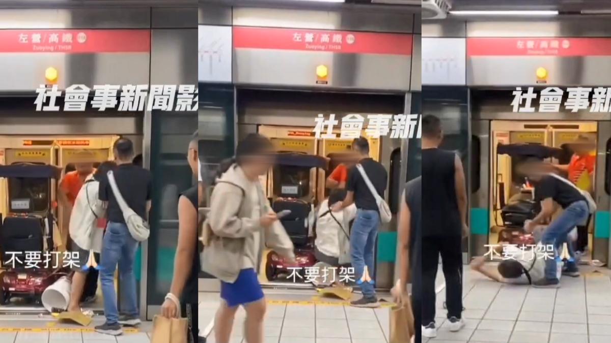體型壯碩的橘衣男子不斷大聲吼叫要下車,接著突然對騎乘電動代步車的白衣男子揮拳攻擊。(圖/社會事新聞影音)