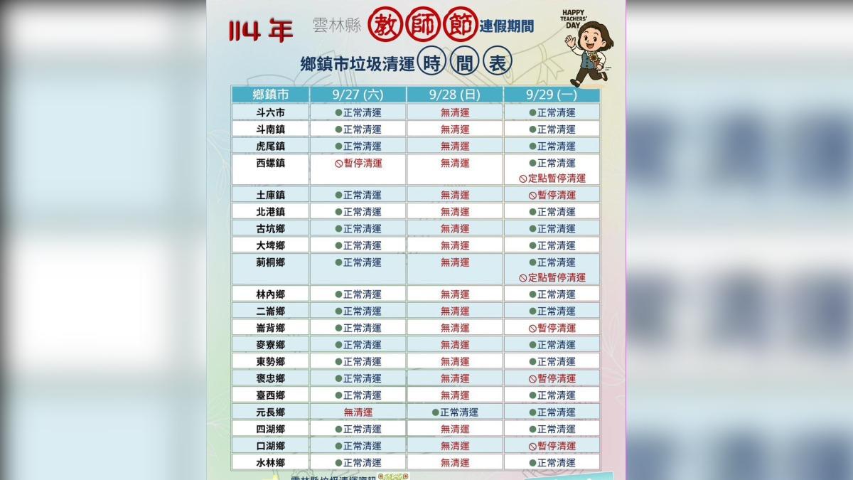 雲林縣教師節連假清運規定。(圖/翻攝自雲林縣環保局臉書)
