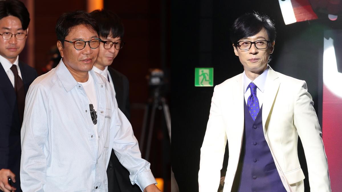 李秀滿(左)送上花籃,劉在錫則親自前往靈堂致哀。(圖/news1提供)