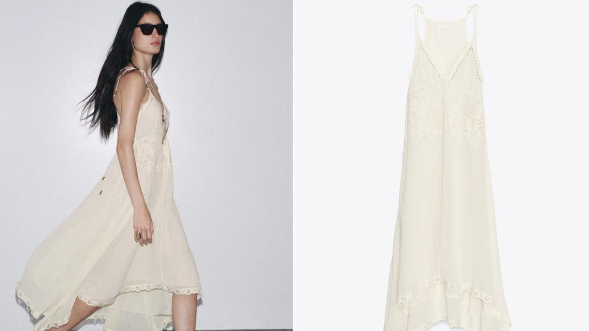 ZARA ZW COLLECTION不對稱鉤織洋裝營造浪漫的波西米亞風格。(圖/翻攝自ZARA官網)