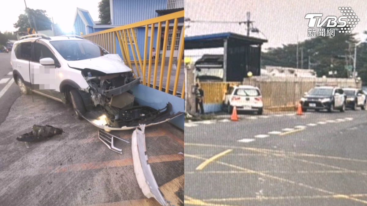 駕駛醉醺醺上路,車禍現場一片狼藉,工廠鐵門也被波及,可見撞擊力道之大。(圖/TVBS)