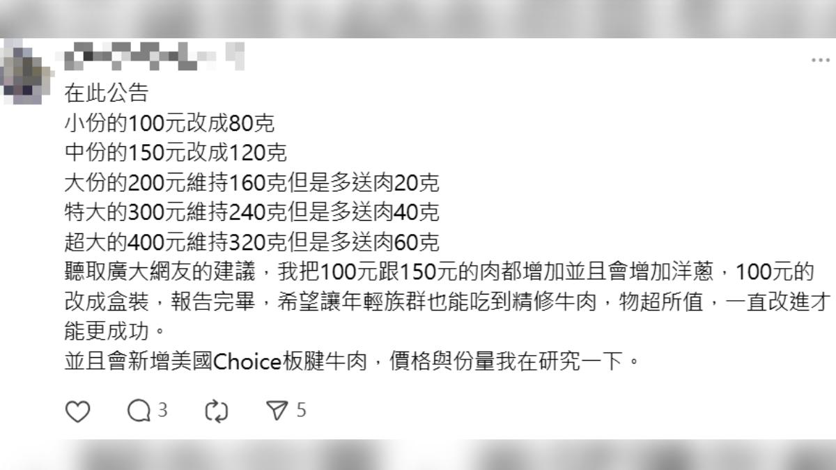 攤商老闆在網路更新價目表與份量。（圖／擷取自Thread）