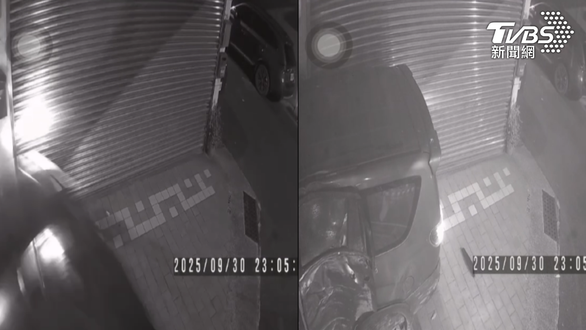 店家監視器拍下，半夜突然一輛灰色轎車直接往鐵門衝撞，撞擊的力道，就是好像地震（圖／TVBS）