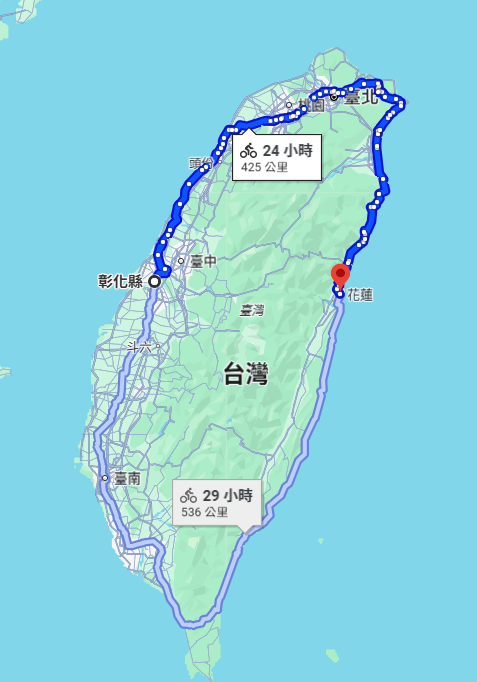 若從彰化縣騎往花蓮縣光復鄉,總需花費約24小時。(圖/翻攝自Google Maps)