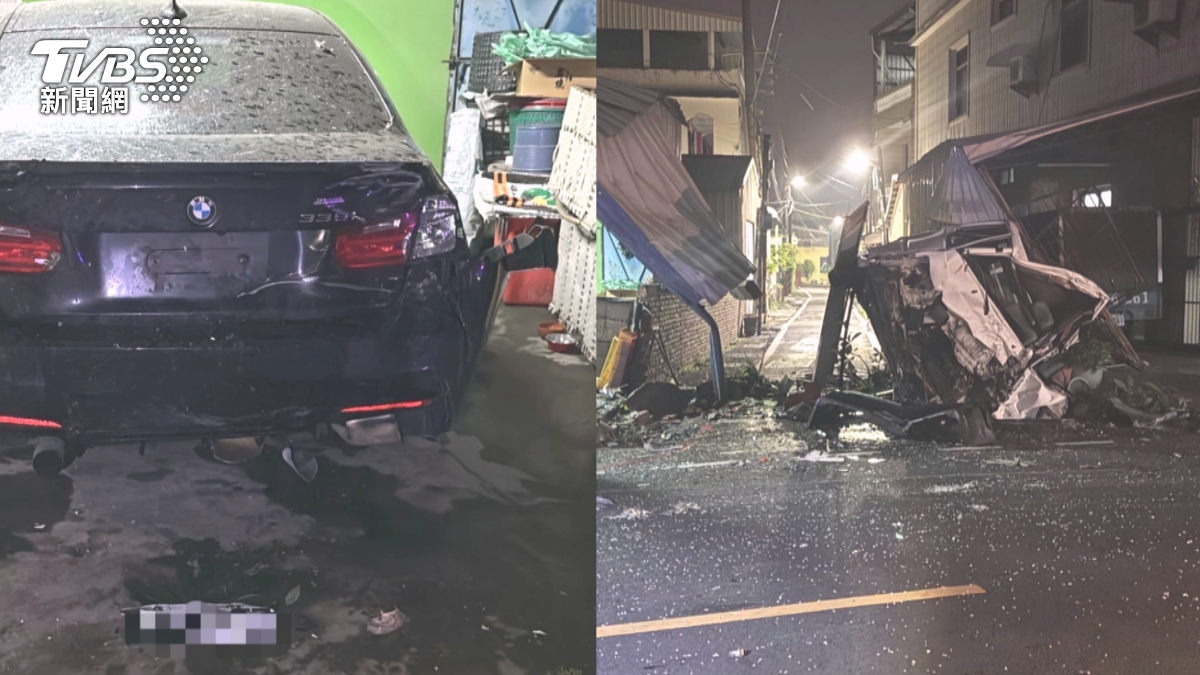此次事件造成兩戶住宅、三輛自小客車受損,加上被撞斷的路燈,預估維修費用可能超過100萬元。(圖/TVBS)