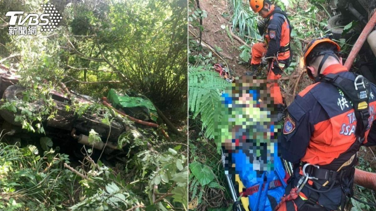 預拌混凝土車失控衝下邊坡,女乘客被拋出車外,送醫不治。(圖/TVBS)
