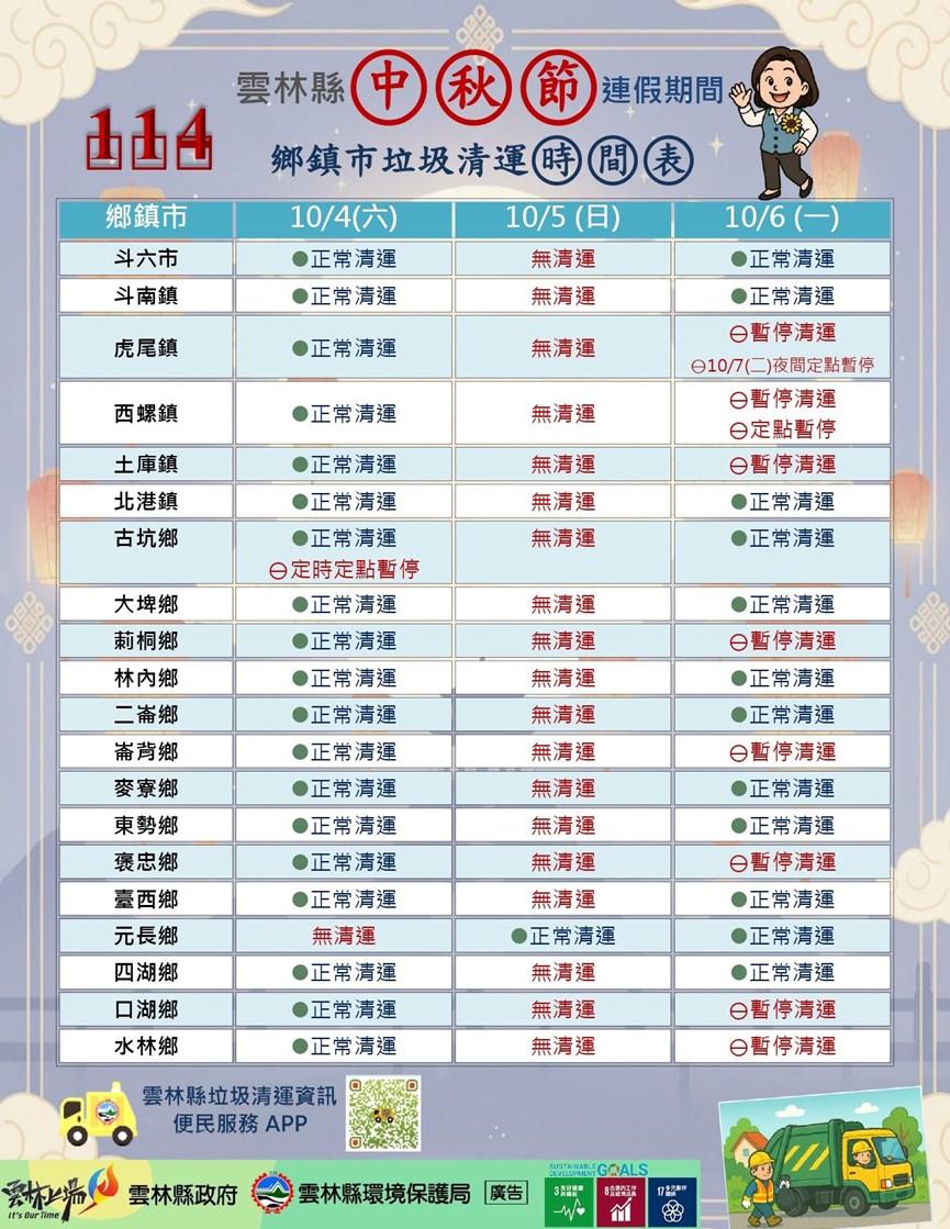 雲林縣中秋節連假清運規定。（圖／翻攝自雲林縣環保局臉書）