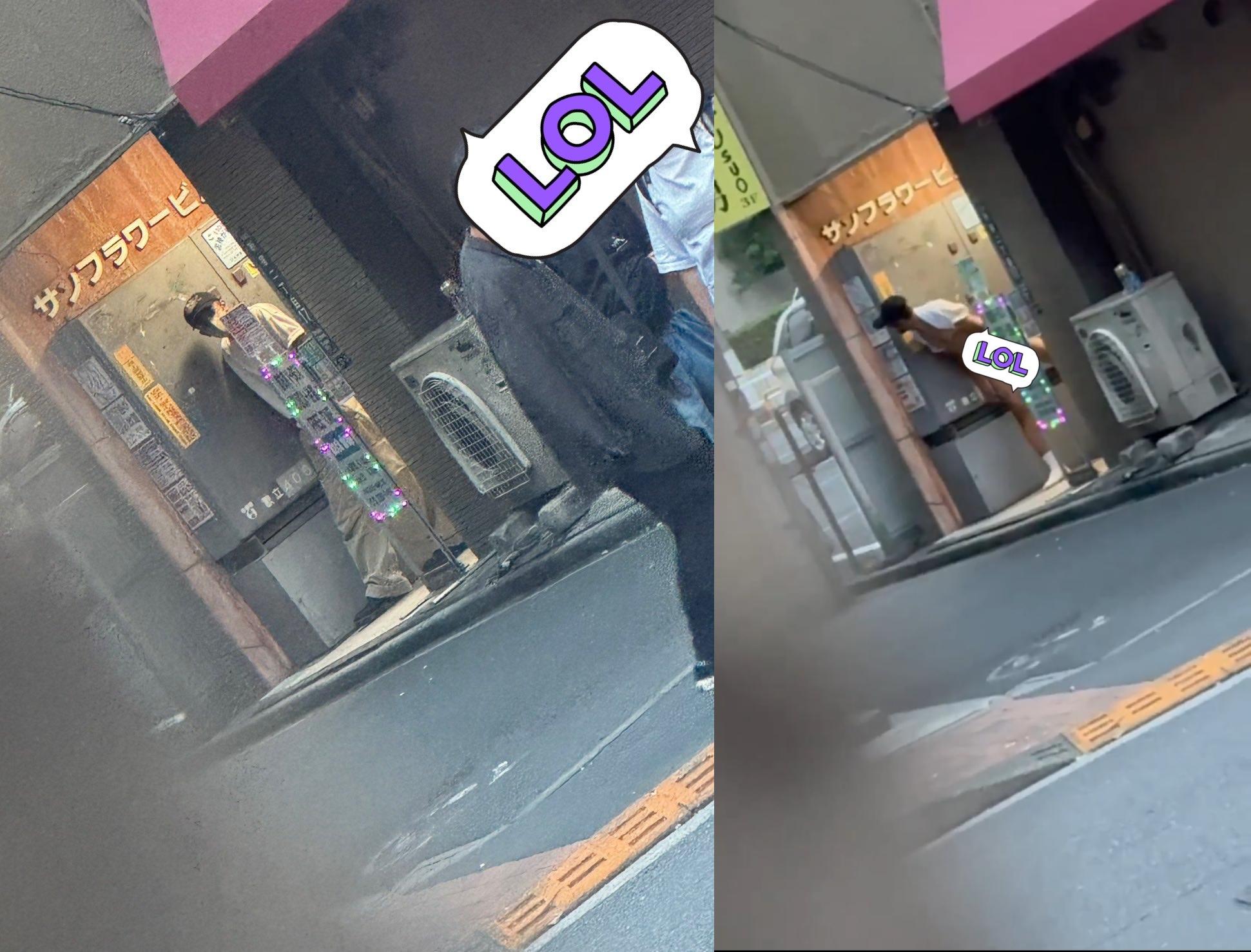 草間理查敬太在新宿某大樓門口遛鳥的照片疑似流出。(圖/翻攝自日本推特)