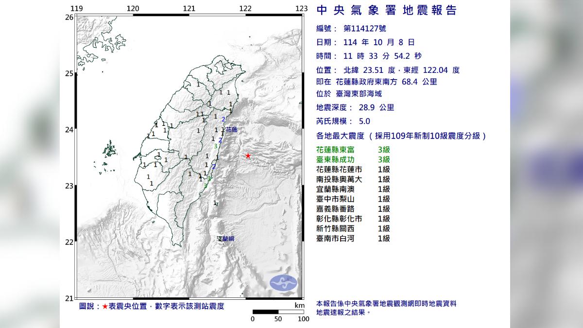 又震!11:33左右東部海域發生規模5地震 9縣市有感