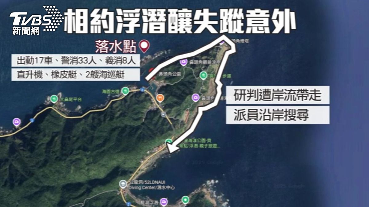 海巡署研判,莊男可能遭岸流沖走的可能路線。(圖/TVBS)