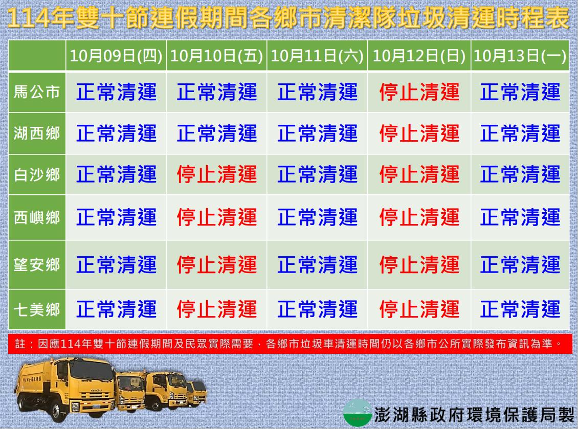 國慶垃圾車-國慶連假垃圾車-雙十連假垃圾車-連假垃圾車澎湖縣